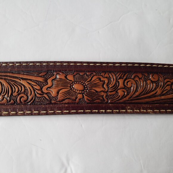 Tony Lama Western Rodeo Tooled Leather Belt Silver Turquoise Buckle main image 6